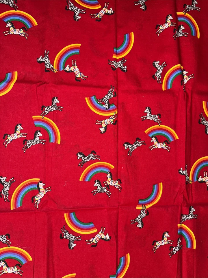 Cranston VIP Screen Print Red Rainbow & Zebras 31" Cotton Fabric Old Stock - Image 1 of 3