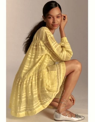 $158 Anthropologie Long-Sleeve Yellow Zip-Front Mini Oversized Dress Sz M — 第 1/4 张图片