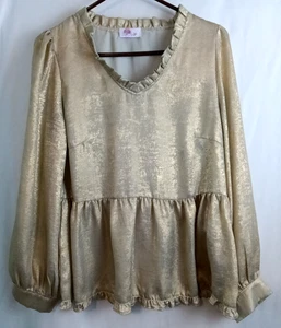 Krepp Myrte Gold Schimmer Langarm Rüschen Akzent Bauern Top Gr. M - Bild 1 von 5