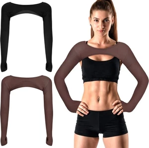 Damen Langarm Crop Tops Training Yoga Bolero Achselzucken 2er Pack Schwarz Braun L - Bild 1 von 4