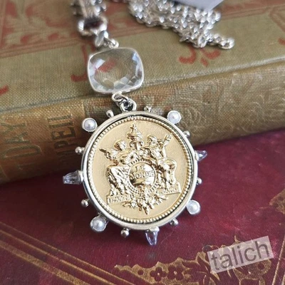 Designer VB&CO Large Gold French Medallion Pendant 32" Long Statement Necklace - Image 1 of 4