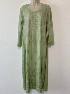 Maxi Dress Womens S/M Green Embroidered Lightweight Boho Travel Beach - Picture 1 of 5