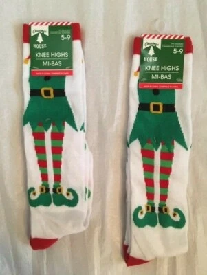 Casa de Navidad Papá Noel estampado (2) par de calcetines blancos hasta la rodilla. Zapato talla 5-9. Foto 1 de 2