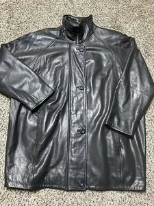 LNR Black Genuine Leather Jacket w/ High-Neck Design Oversized Men's Large Zip - Picture 1 of 8