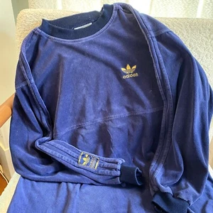 Adidas Trefoil Velour Vintage Pullover Sweatshirt Small Blue Velvet Gold Logo - Picture 1 of 15