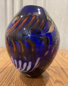 Murano Italy Art Glass Vase Cobalt Blue Red White Gold Tone MCM 9.5” Tall 7.5 Lb - Picture 1 of 8