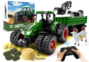 Remote Control Tractor Toy - RC Truck & Trailer, Metal Head, Lights, 8 Wheels - Picture 1 of 7