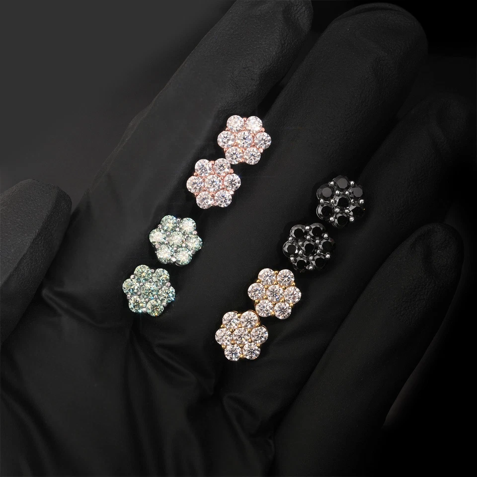9mm Iced Green Black Moissanite Flower Stud Earrings Screwback 925 Silver Women - Image 1 of 4