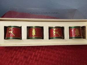 Set of 4 Pier 1 Red Green Brass Enamel Tree Deer Napkin Rings Christmas Holiday - Picture 1 of 9