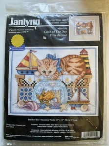 Janlynn #140-141 - Catch of The Day - Cat - Counted Cross Stitch Kit - 14” x 11” - Picture 1 of 4