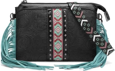 Black Tooled Faux Leather Turquoise Fringe Tassel Studded Aztec Boho Western Bag - Image 1 of 4