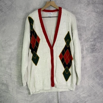 Vintage 90s Casual Corner Argyle Cardigan Sweater Womens Sz L preppy acdemia - Image 1 of 4