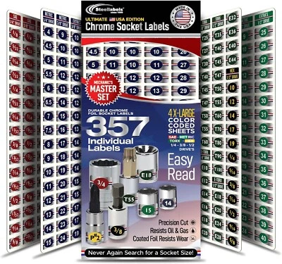 STEELLABELS Ultimate Chrome Socket Label Set 357 Chrome Foil Socket Labels. Heavy Duty