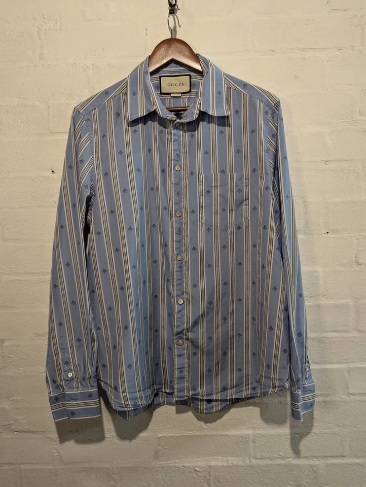 Mens Gucci Shirt Bee Monogram Embroidered Striped 41 / 16 Blue long sleeve - Image 1 of 4