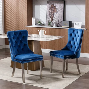 2Set Modern Blue Velvet Upholstered Dining Chairs W/ Silver Stainless Steel Legs - Picture 1 of 9