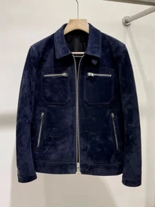 Blue Cafe racer Leather Jacket for Men Pure Suede Custom Made Size S M L XL XXL - Picture 1 of 9