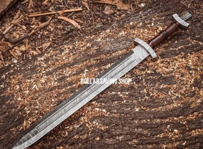 Espada Hoja Damasco Estilo Vikingo Hecha a Mano con Cubierta de Cuero, Espada Valhalla. Foto 1 de 4