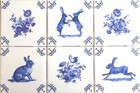Blue Delft Flowers and Bunnies set of 6 Kiln Fired Tiles 4.25" x 4.25"