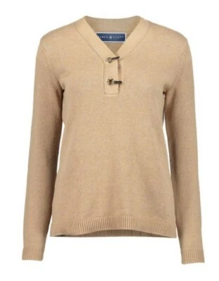 Suéter Karen Scott Mujer Grande Bronceado Herrajes Henley Cuello en V Manga Larga NUEVO Foto 1 de 2