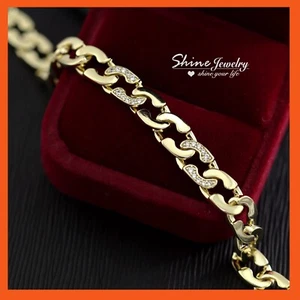 9CT GOLD GF SIMULATED DIAMONDS PATTERNED ANCHOR RING LINK CHAIN BANGLE BRACELET - Picture 1 of 8