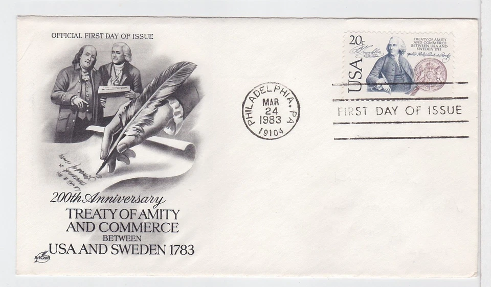 TurtlesTradingPost- Treaty USA & Sweden- 1983 #2036 - Artcraft Cachet FDC - Image 1 of 1
