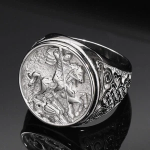 Men's Saint George Fight Dragon Ring Stainless Steel Solid Biker Ring Size 7-13 - Picture 1 of 2
