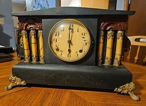 Antique William Gilbert Mantle Clock Wood Brass 3 Pillar Runs!  - Picture 1 of 19