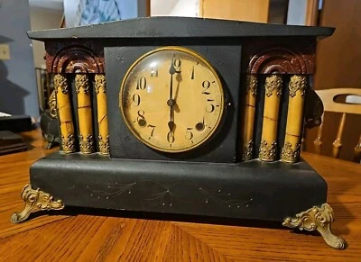 Antique William Gilbert Mantle Clock Wood Brass 3 Pillar Runs!  - Image 1 of 4