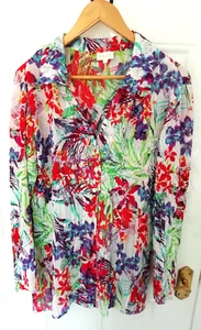 East Size 18 White Multi Floral Crinkle Blouse Top Shirt Stretch Collared Ladies - Picture 1 of 8