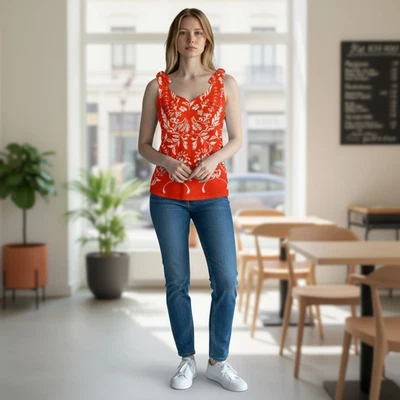 Top con tirantes sin mangas floral naranja talla pequeña CAbi para mujer 100 % poliéster Foto 1 de 4