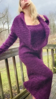 Vestido suéter mohair tricotado à mão difuso comprimento total grande enorme gola capuz peludo - Médio - Imagem 1 de 4