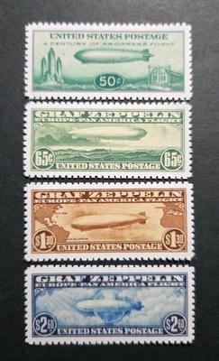 US Stamps SC# C13, C14, C15, & C18 1930/1933 Graf Zeppelin Air Mail Replica Set  - Image 1 of 2