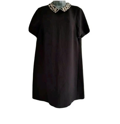 M&Co Womens Black Printed Collared Short Sleeve Shift Tunic Dress. UK 16(Petite) - Image 1 of 4