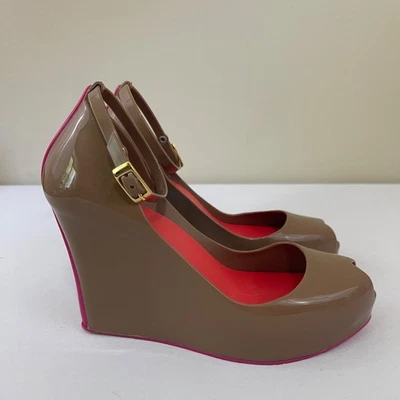 Melissa Patchouli Wedge Heels Peep Toe Jelly Shoes Sandals Womens 7 Brown Pink - Image 1 of 4
