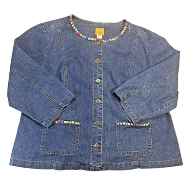 Ruby Rd Denim Jacket Sz 16 BOHO Cropped 3/4 Sleeves Red Turquoise Gold Bead - Image 1 of 4
