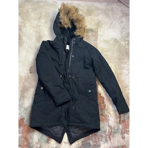 Aeropostale Small Black Winter Parka Coat Faux Fur Hood Drawstring Casual Warm - Picture 1 of 6