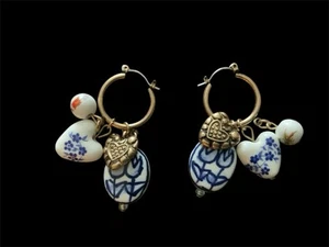 Anthropologie Hoop Earrings Heart Tulip Flower Pearl Ceramic Charm Gold Boho CZ - Picture 1 of 5