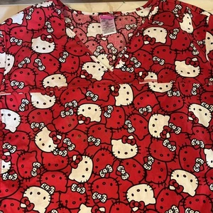 Scrub-Hello Kitty, 2xl Red Nurse Medical Vet Top 2 Pockets-V-Neck- - Picture 1 of 7