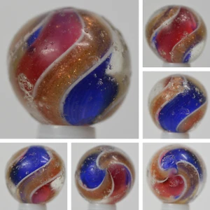 Handmade Blue Red Ribbon Lutz Marble, 11/16 in, Good+, Germany, 1860-1920, S1365 - Picture 1 of 8