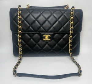 Chanel Large Satchel Black Quilted Leather Shoulder Bag W/ Complete Box - Picture 1 of 14