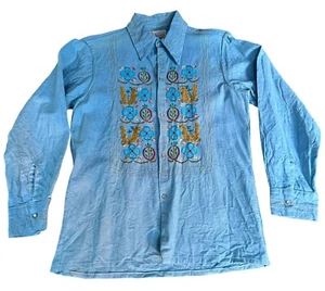 Vintage 60s Denim Mexican Hippy Embroidered Shirt Medium Originals Xavier's Blue - Picture 1 of 7
