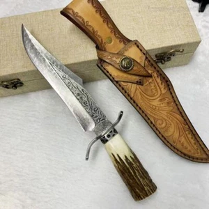 Hecho a mano Damasco caza hoja fija cuchillo supervivencia Bowie ciervo... - Imagen 1 de 18