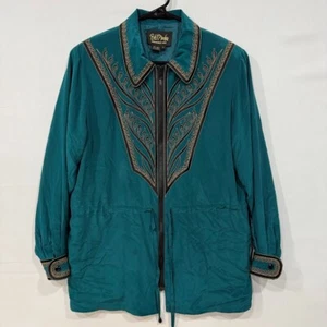 Giacca artistica indossabile vintage Bob Mackie donna S seta verde acqua ricamata zip vintage - Foto 1 di 5