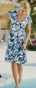 Soft Surroundings Womens L Dress Knee Blue Floral Knit Plunge Short Sleeves - Picture 1 of 9