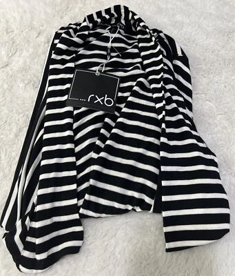 RXB szS Open Front Cardigan Black White Stripe waterfall Front long Sleeve New  - Image 1 of 4