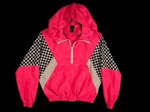 90's core Girls Half-Zip Hooded Anorak Jacket Pink & Black Checkerboard Pattern - Picture 1 of 11