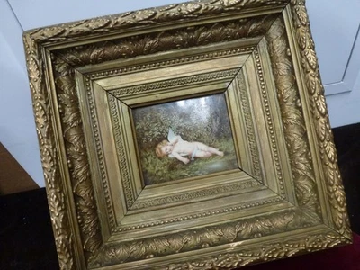 rare plaque peinte KPM,chérubin endormi sur porcelaine,11x12cm,XIXème,encadrée - Photo 1/4