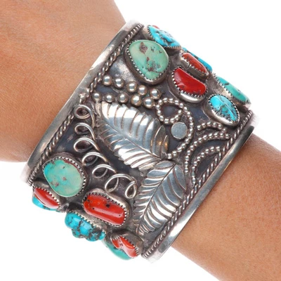 7.2" Jerry Roan Navajo Big Vintage sterling silver turquoise/coral cuff bracelet - Image 1 of 4