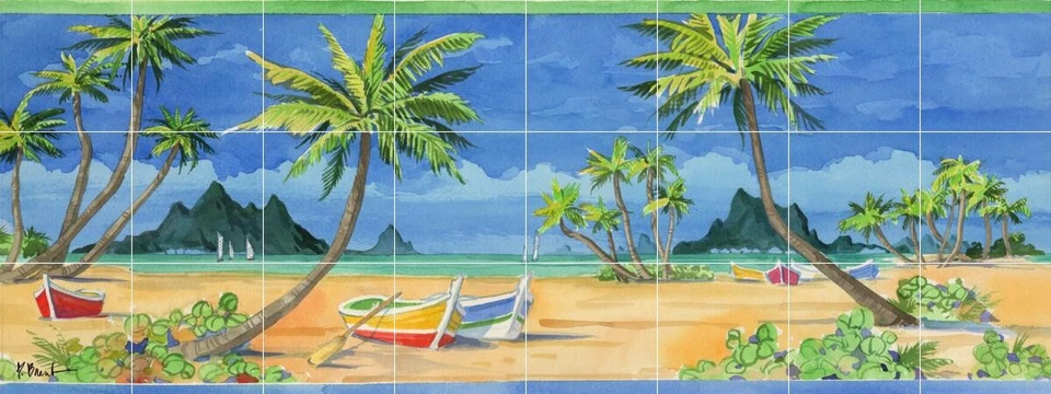 Mural de azulejos de salpicadero de cerámica escena de playa mar océano - frontera de Tahití Foto 1 de 1