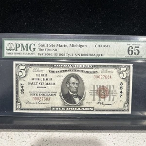 SASA 1929 First National Bank Sault St Marie $5 Pmg Unc 65 Epq - Picture 1 of 2